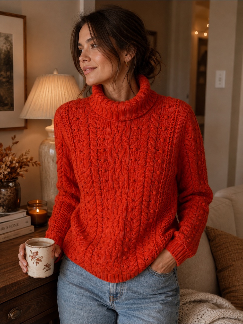 GAP Cable Knit Turtleneck Sweater Orange Wool Blend Medium Fall Cozy Fisherman